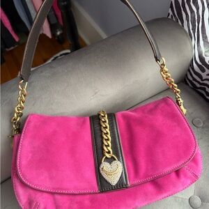 Pink Suede Juicy Couture Vintage Shoulder Bag with Gold Heart Accent